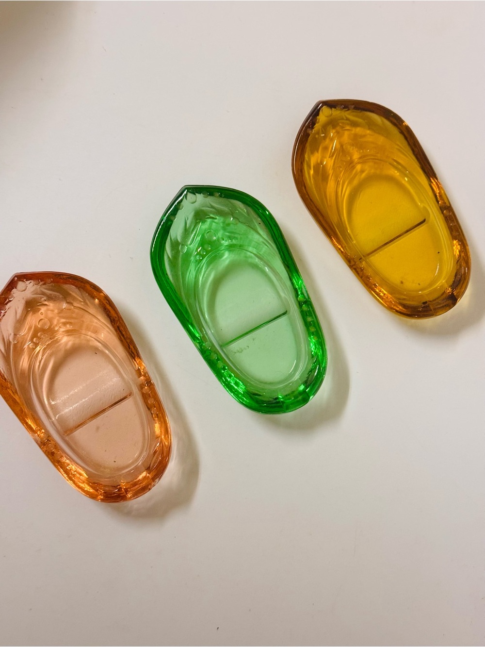 Set of 3Vintage Bohemian Glass Ashtrays,Mid Century Modern Green Amber and peach